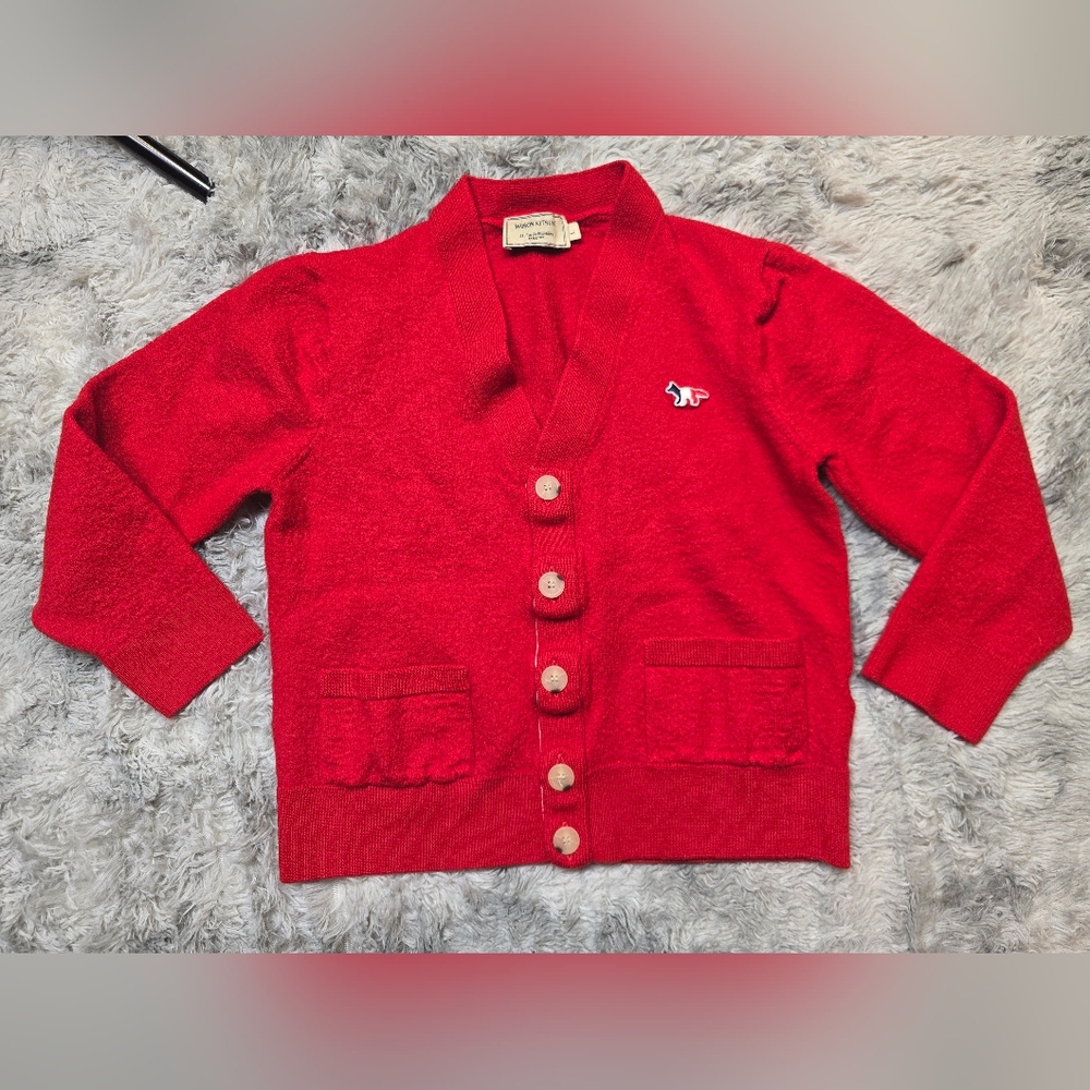 Authentic MAISON KITSUNE Red Kids Cardigan With Tri-color Fox 100% WOOL